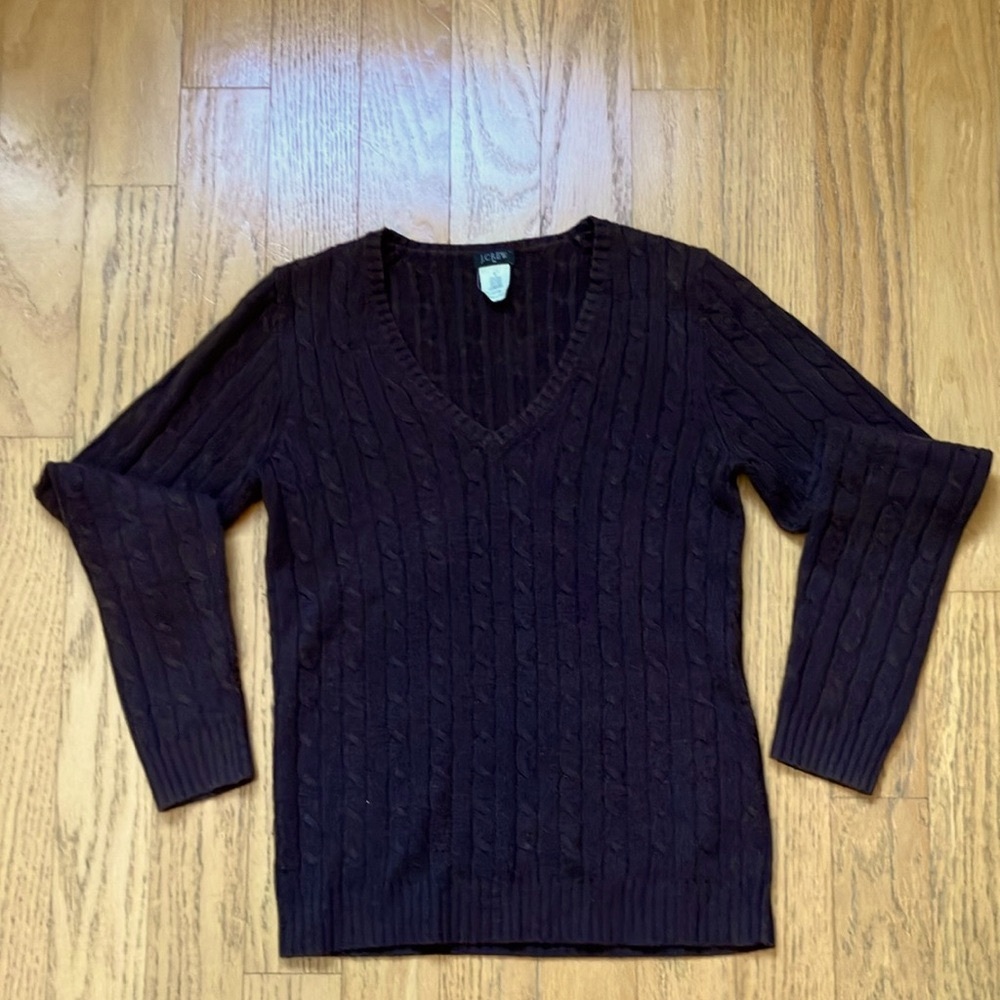 J Crew Brown V-Neck Cable Knit Sweater, Small, Wool blend